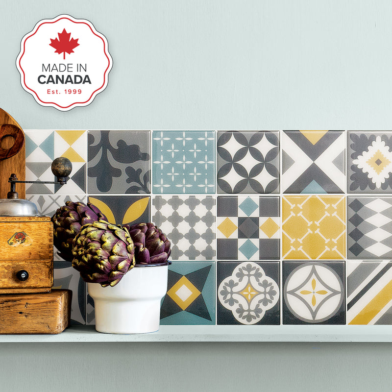 Vintage yellow, turquoise and grey peel and stick backsplash tile smart tiles for kitchen, bathroom, vr and fireplace