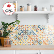 Kitchen peel and stick backsplash tile Vintage yellow, blue and orange Smart Tiles