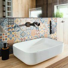 Bathroom peel and stick backsplash tile Vintage yellow, blue and orange Smart Tiles