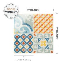 Dimensions peel and stick backsplash tile Vintage yellow, blue and orange Smart Tiles