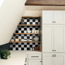 White and black damier self-adhesive backsplash tile by Smart Tiles in a white kitchen