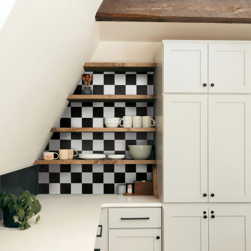Damier white and black peel and stick backsplash tile Smart Tiles for kitchen, bathroom, vr and fireplace