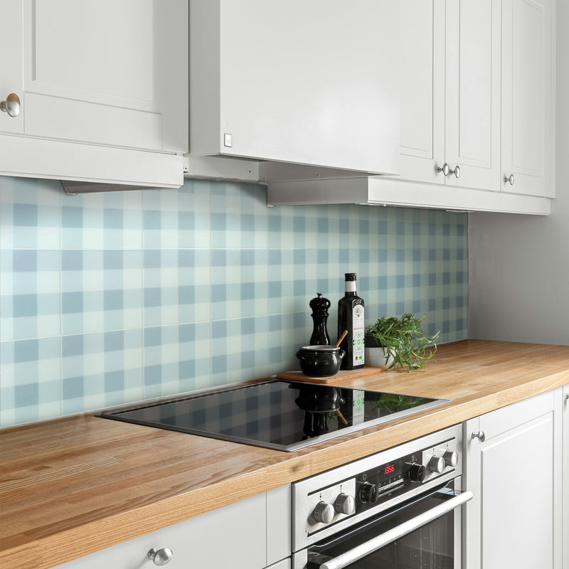 Damier white and blue peel and stick backsplash tile smart tiles for kitchen, bathroom, vr and fireplace