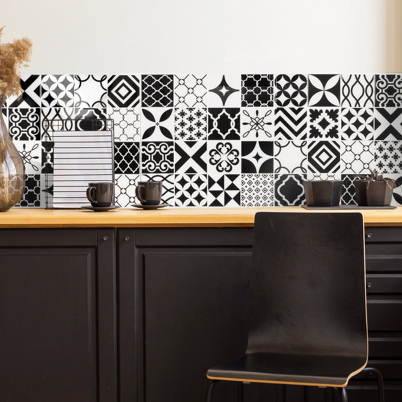 Vintage black and white peel and stick backsplash tile smart tiles for kitchen, bathroom, vr and fireplace