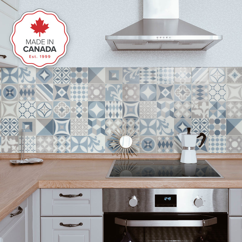 Vintage beige, blue and grey peel and stick backsplash tile smart tiles for kitchen, bathroom, vr and fireplace