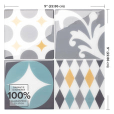 Dimensions peel and stick backsplash tile Vintage yellow, turquoise and grey Smart Tiles