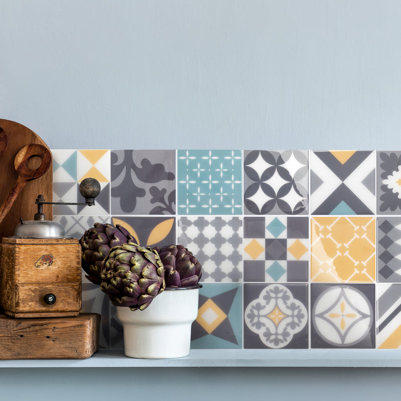 Vintage yellow, turquoise and grey peel and stick backsplash tile smart tiles for kitchen, bathroom, vr and fireplace