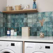 Laundry room peel and stick backsplash tile Zellige turquoise Smart Tiles