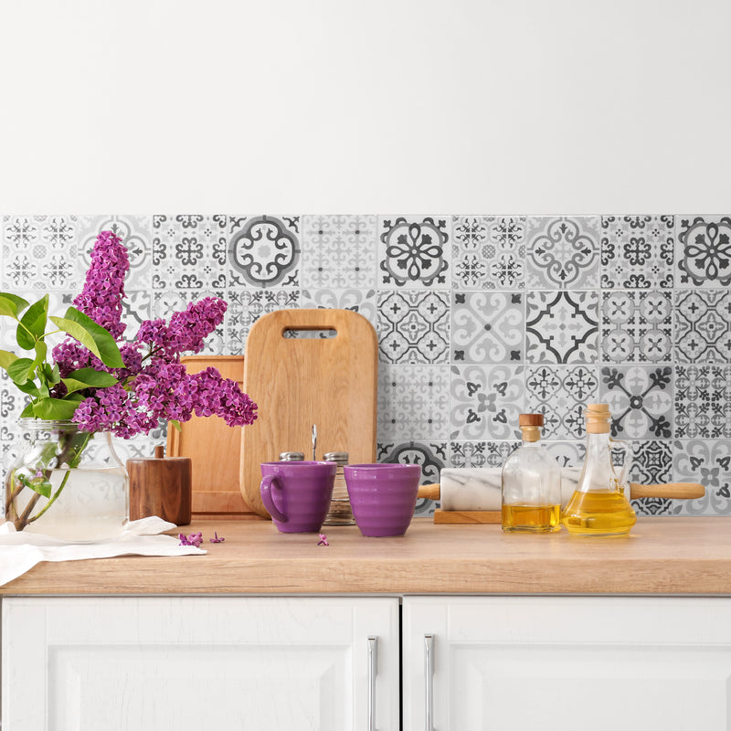 Vintage grey and black peel and stick backsplash tile smart tiles for kitchen, bathroom, vr and fireplace