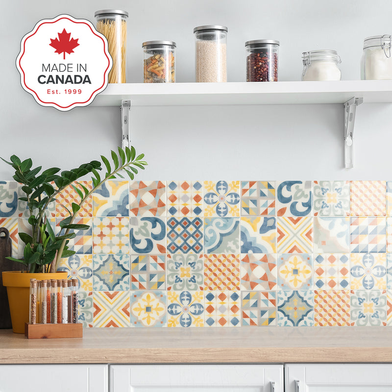 Vintage yellow, blue and orange peel and stick backsplash tile smart tiles for kitchen, bathroom, vr and fireplace