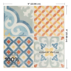 Dimensions peel and stick backsplash tile Vintage yellow, blue and orange Smart Tiles
