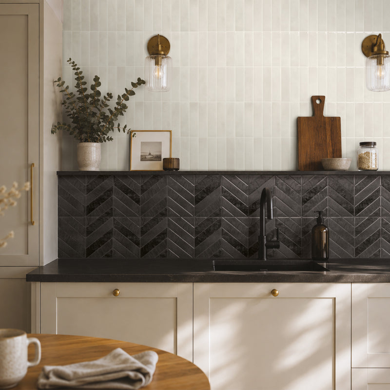 Chevron herringbone black peel and stick backsplash tile smart tiles for kitchen, bathroom, vr and fireplace
