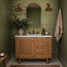 Green peel-and-stick backsplash tile Smart Tiles in a bathroom