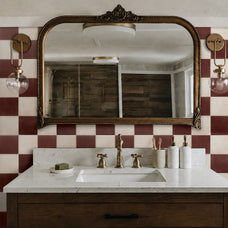 White and red checkerboard peel and stick backsplash tile by Smart Tiles in a vintage bathroom 