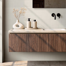 White  peel-and-stick backsplash tile Smart Tiles in a bathroom
