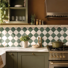 White and green damier peel and stick backsplash tile by Smart Tiles in a kitchen