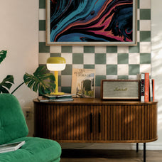 White and green checkerboard peel and stick backsplash tile by Smart Tiles